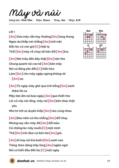 Hợp âm Mây và núi (The Bells) – bản nhạc PDF trang 1, tông Am