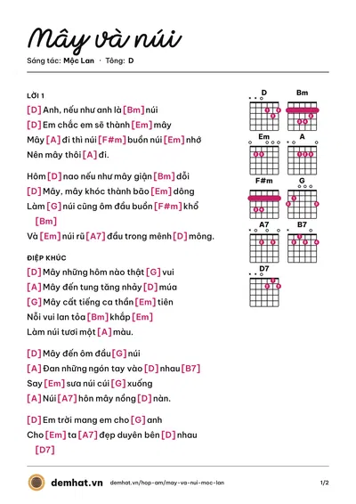 Hợp âm Mây và núi (Mộc Lan) – bản nhạc PDF trang 1, tông D