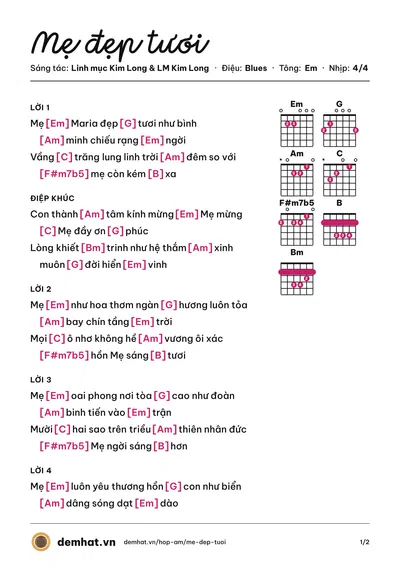 Hợp âm Mẹ đẹp tươi (Lệ Hằng) – bản nhạc PDF trang 1, tông Em