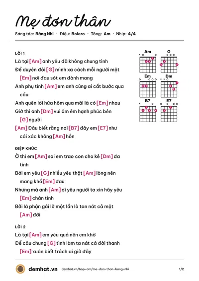 Hợp âm Mẹ đơn thân (Băng Nhi) – bản nhạc PDF trang 1, tông Am