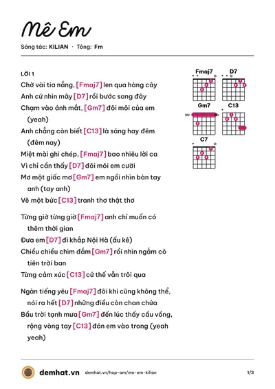 Hợp âm Mê Em (KILIAN) – bản nhạc PDF trang 1, tông Fm
