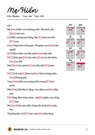 Hợp âm Mẹ Hiền (Tam Ca Áo Trắng) – bản nhạc PDF trang 1, tông Am