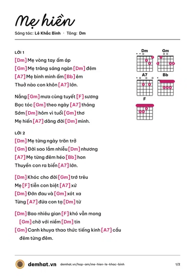 Hợp âm Mẹ hiền (Lê Khắc Bình) – bản nhạc PDF trang 1, tông Dm