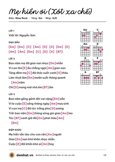 Hợp âm Mẹ hiền ơi (Xót xa chế) (Khánh Tân) – bản nhạc PDF trang 1, tông Em