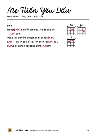 Hợp âm Mẹ Hiền Yêu Dấu – bản nhạc PDF trang 1, tông Am