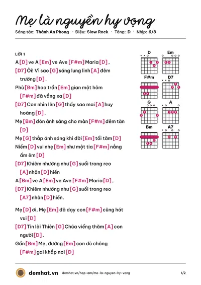 Hợp âm Mẹ là nguyền hy vọng (Lm Vũ Khởi Phụng) – bản nhạc PDF trang 1, tông D