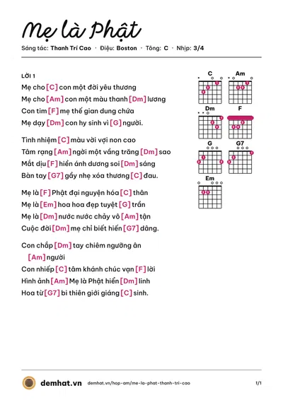 Hợp âm Mẹ là Phật (Bảo Yến) – bản nhạc PDF trang 1, tông C