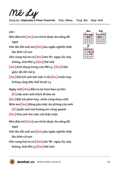 Hợp âm Mê Ly (BigDaddy) – bản nhạc PDF trang 1, tông Em