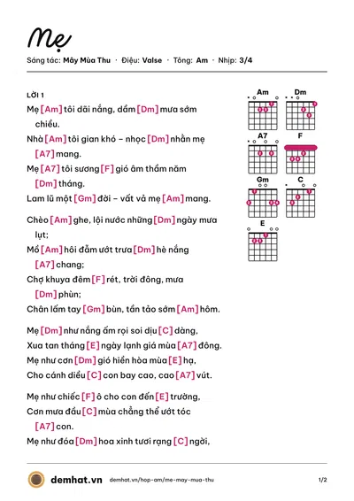 Hợp âm Mẹ (Mây Mùa Thu) – bản nhạc PDF trang 1, tông Am