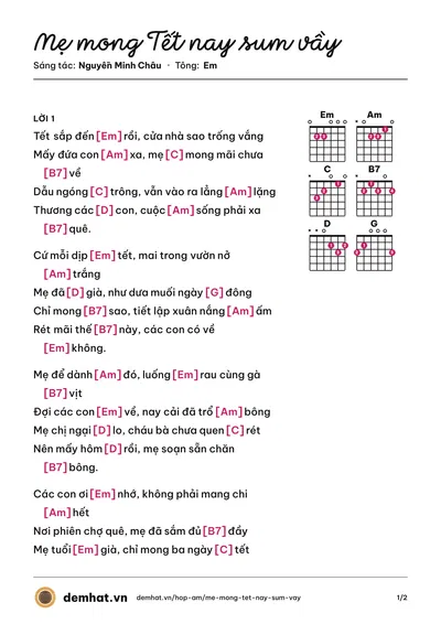 Hợp âm Mẹ mong Tết nay sum vầy (Nguyễn Minh Châu) – bản nhạc PDF trang 1, tông Em