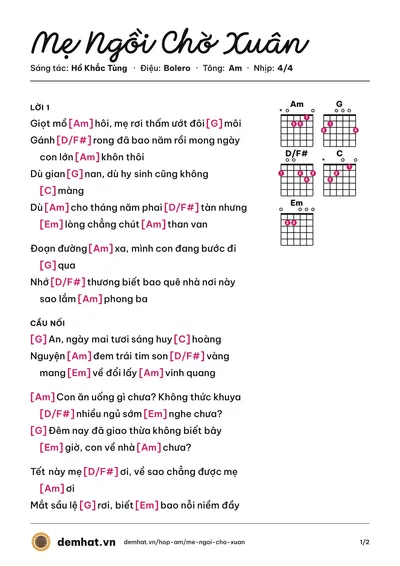 Hợp âm Mẹ Ngồi Chờ Xuân (Hồ Khắc Tùng) – bản nhạc PDF trang 1, tông Am