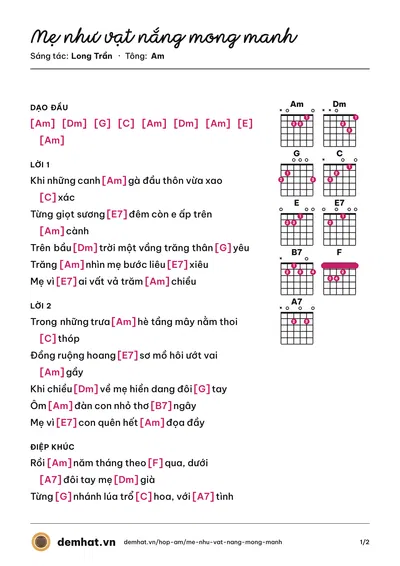 Hợp âm Mẹ như vạt nắng mong manh (Hồng Phấn) – bản nhạc PDF trang 1, tông Am