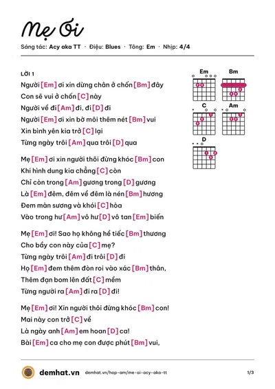 Hợp âm Mẹ Ơi (Mèo) – bản nhạc PDF trang 1, tông Em
