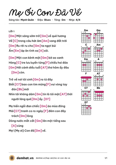 Hợp âm Mẹ Ơi Con Đã Về (Mỹ Dung) – bản nhạc PDF trang 1, tông Dm