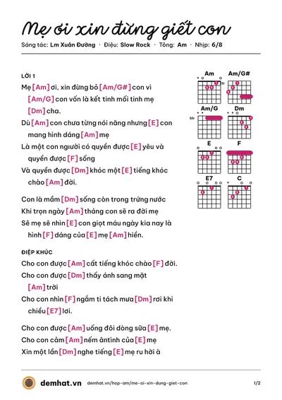 Hợp âm Mẹ ơi xin đừng giết con (Nguyễn Hồng Ân) – bản nhạc PDF trang 1, tông Am