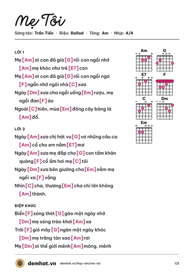 Hợp âm Mẹ Tôi (Đồng Lan) – bản nhạc PDF trang 1, tông Am