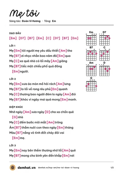 Hợp âm Mẹ tôi (Đoàn Vi Hương) – bản nhạc PDF trang 1, tông Em