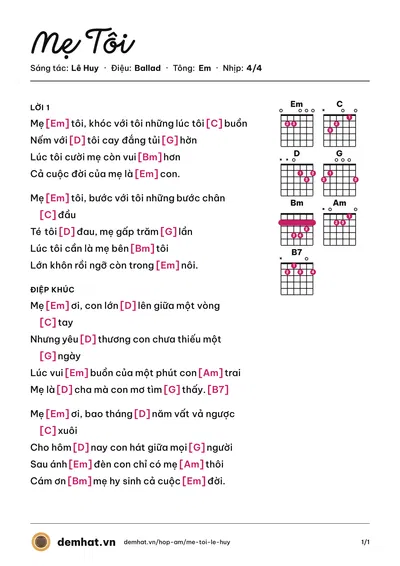 Hợp âm Mẹ Tôi (Quách Tuấn Du) – bản nhạc PDF trang 1, tông Em