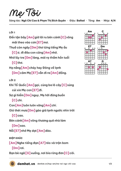 Hợp âm Mẹ Tôi (Quốc Duy) – bản nhạc PDF trang 1, tông Am