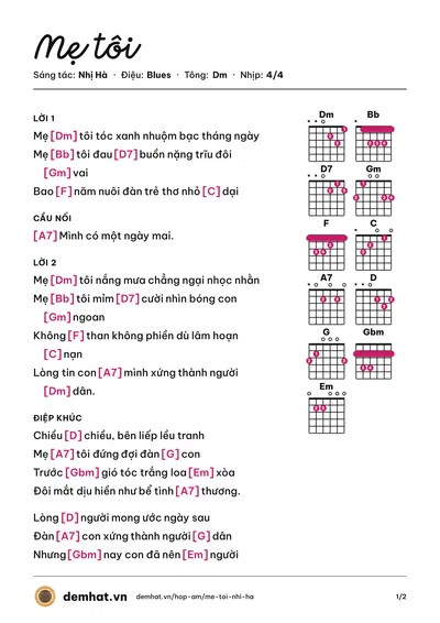 Hợp âm Mẹ tôi (Trường Vũ) – bản nhạc PDF trang 1, tông Dm