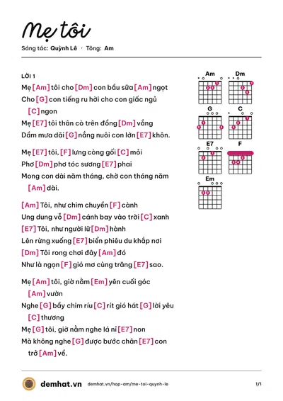 Hợp âm Mẹ tôi (Huỳnh Thật) – bản nhạc PDF trang 1, tông Am