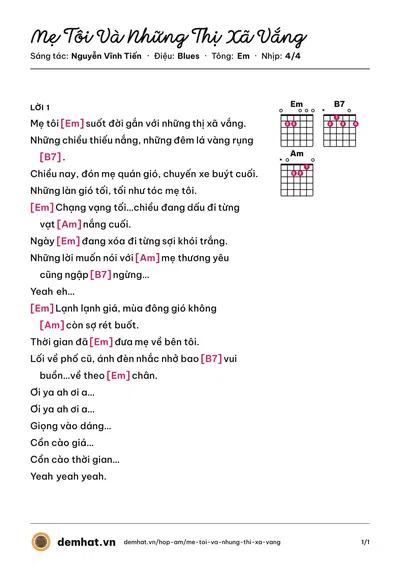 Hợp âm Mẹ Tôi Và Những Thị Xã Vắng (Nguyễn Đức Cường) – bản nhạc PDF trang 1, tông Em