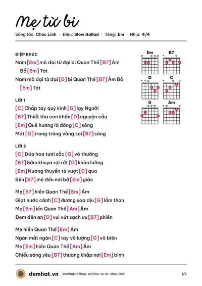 Hợp âm Mẹ từ bi (Hương Thủy) – bản nhạc PDF trang 1, tông Em