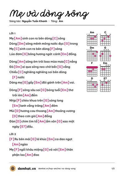 Hợp âm Mẹ và dòng sông (Nguyễn Tuấn Khanh) – bản nhạc PDF trang 1, tông Am