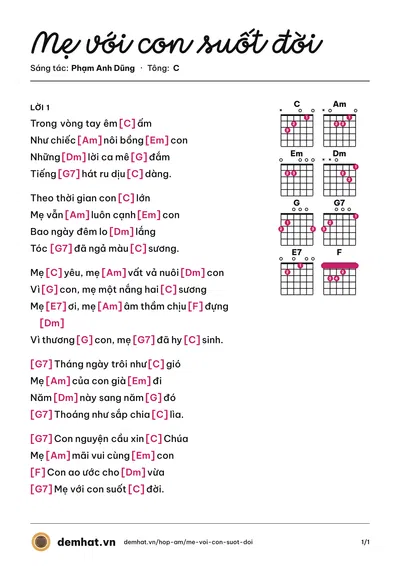 Hợp âm Mẹ với con suốt đời (Diệu Hiền) – bản nhạc PDF trang 1, tông C