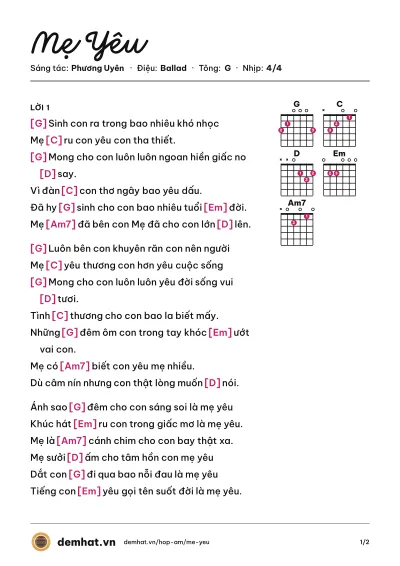 Hợp âm Mẹ Yêu (Mây Trắng) – bản nhạc PDF trang 1, tông G