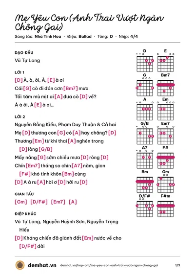 Hợp âm Mẹ Yêu Con (Anh Trai Vượt Ngàn Chông Gai) (Tự Long) – bản nhạc PDF trang 1, tông D