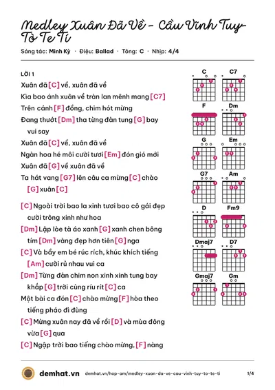 Hợp âm Medley Xuân Đã Về - Cầu Vĩnh Tuy- Tò Te Tí (Wren Evans) – bản nhạc PDF trang 1, tông C