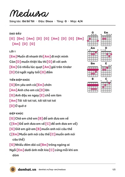 Hợp âm Medusa (Đá Số Tới) – bản nhạc PDF trang 1, tông G