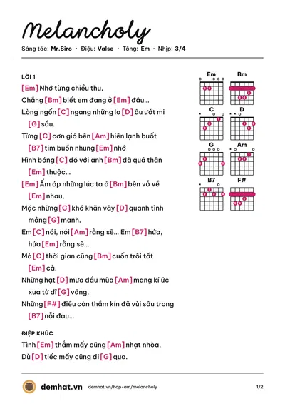 Hợp âm Melancholy (Mr.Siro) – bản nhạc PDF trang 1, tông Em