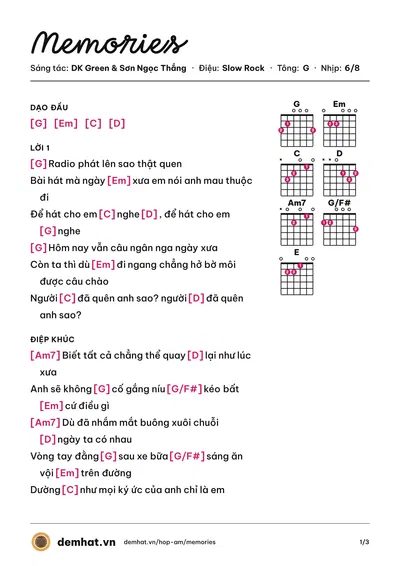 Hợp âm Memories (Tô Khương) – bản nhạc PDF trang 1, tông G