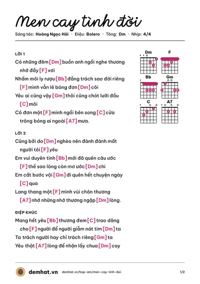 Hợp âm Men cay tình đời (Hoàng Ngọc Hải) – bản nhạc PDF trang 1, tông Dm