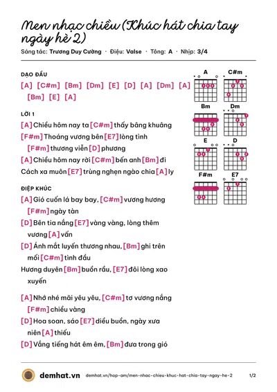 Hợp âm Men nhạc chiều (Khúc hát chia tay ngày hè 2) (Thanh Trà) – bản nhạc PDF trang 1, tông A