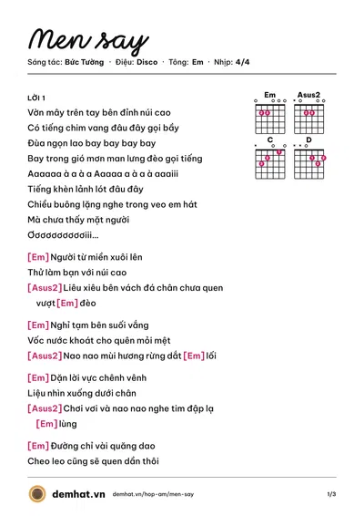 Hợp âm Men say (Trần Lập) – bản nhạc PDF trang 1, tông Em