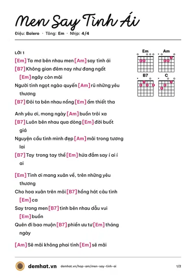 Hợp âm Men Say Tình Ái (Như Loan) – bản nhạc PDF trang 1, tông Em