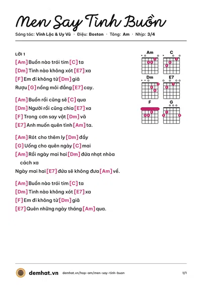 Hợp âm Men Say Tình Buồn (Minh Đức) – bản nhạc PDF trang 1, tông Am