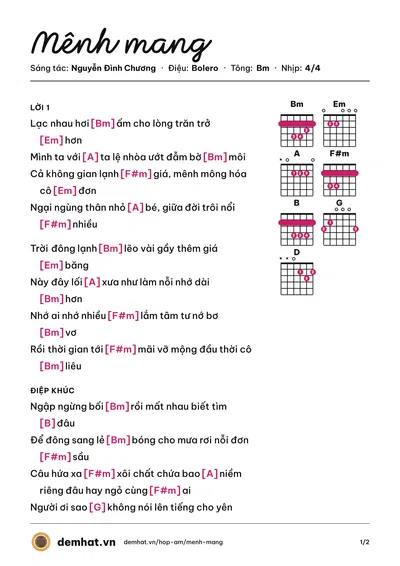 Hợp âm Mênh mang (Nguyễn Đình Chương) – bản nhạc PDF trang 1, tông Bm
