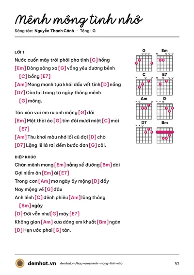 Hợp âm Mênh mông tình nhớ (Nguyễn Thanh Cảnh) – bản nhạc PDF trang 1, tông G