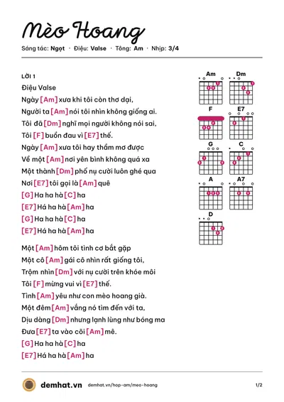 Hợp âm Mèo Hoang (Ngọt) – bản nhạc PDF trang 1, tông Am