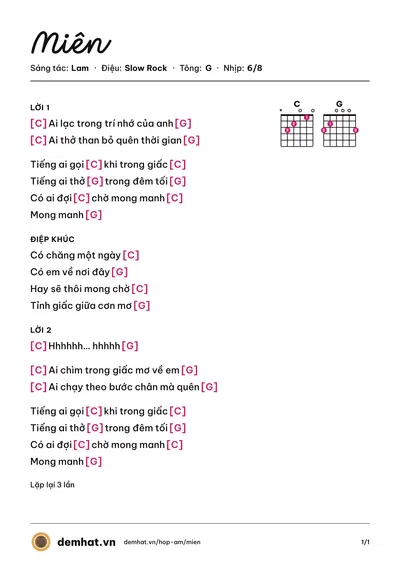 Hợp âm Miên (Lam) – bản nhạc PDF trang 1, tông G