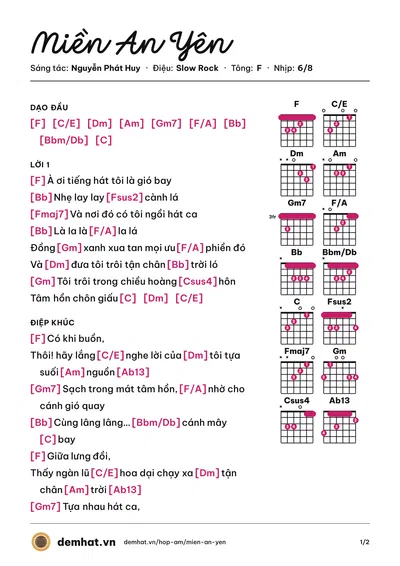 Hợp âm Miền An Yên (Nguyễn Phát Huy) – bản nhạc PDF trang 1, tông F