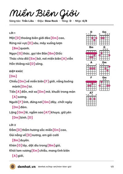 Hợp âm Miền Biên Giới (Trần Liêu) – bản nhạc PDF trang 1, tông D
