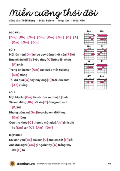 Hợp âm Miễn cưỡng thói đời (Thái Khang) – bản nhạc PDF trang 1, tông Dm