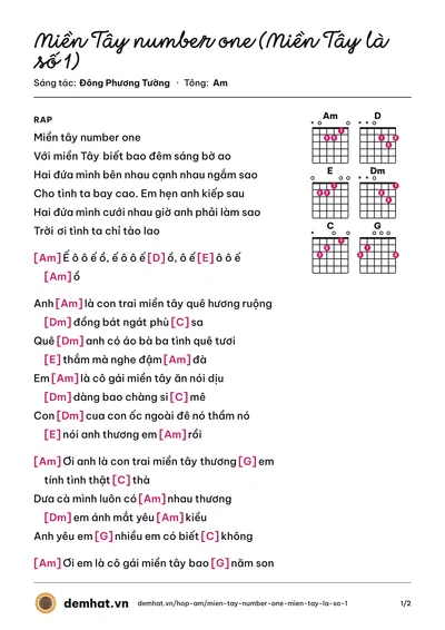Hợp âm Miền Tây number one (Miền Tây là số 1) (Đông Phương Tường) – bản nhạc PDF trang 1, tông Am