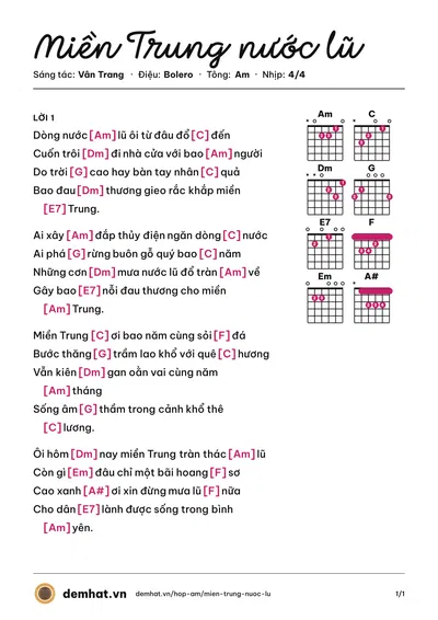 Hợp âm Miền Trung nước lũ (Ngọc Anh) – bản nhạc PDF trang 1, tông Am