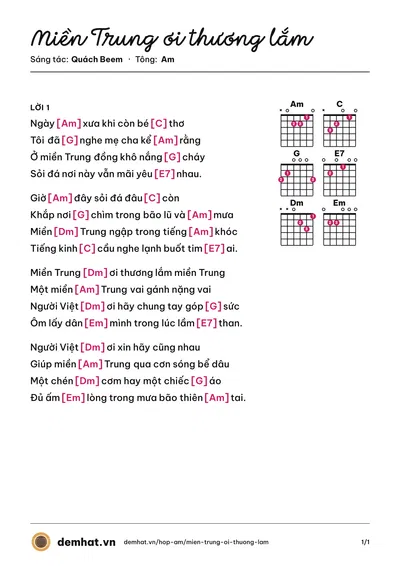 Hợp âm Miền Trung ơi thương lắm (Quách Beem) – bản nhạc PDF trang 1, tông Am